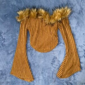 SHEIN brown off the shoulder top with faux fur trim. Size L new